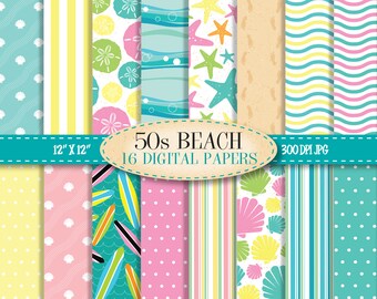 50er Jahre Strand Digitales Papier, Sommer Digitale Muster, Seesterne, Muscheln, Sanddollars, Surfbretter, Streifen Hintergründe, digitaler Download