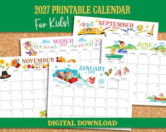 Druckbarer Kinderkalender 2027, Monatsplaner für Schüler, illustrierter 12-Monats-Kalender für Kinder, Kalender für Homeschooling, digitaler Download