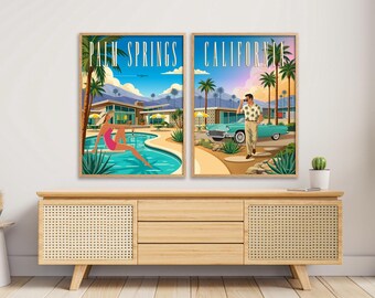 Wandbild-Set „Palm Springs“ (2-teilig), Mid-Century-Modern-Drucke, Reiseposter für Kalifornien, Retro-Dekoration im Palm-Springs-Stil, Digitaler Download