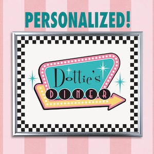 Personalisiertes Diner Schild, 50er Jahre Dekoration, Mid Century Modern, individuelles Diner Poster, 50er Jahre Party, Mid-Century Dekoration, digitale Kunst