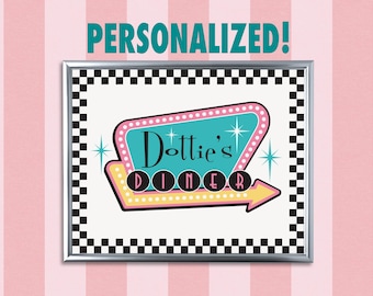 Personalisiertes Diner Schild, 50er Jahre Dekoration, Mid Century Modern, individuelles Diner Poster, 50er Jahre Party, Mid-Century Dekoration, digitale Kunst