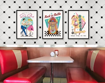 Ultimatives Retro Diner 3-teiliges Wandkunst-Set, Mid Century Modern Art, Soda Shop Triptychon, Retro 50er Jahre Dekor, Drive-In Diner Art, digitaler Download