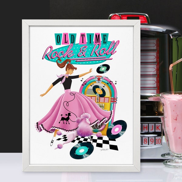 50s Rock & Roll Art Print, Mid Century Modern Art, 50s Party, Poodle Skirt, Girls Room, Music Art, Jukebox, Printable Art, Instant Download