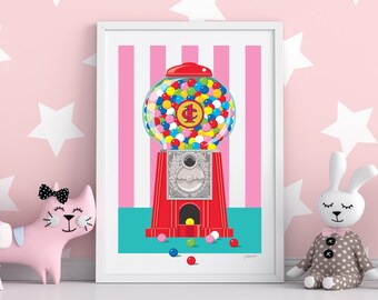 Retro Kaugummiautomat, Kinderzimmer Kunst, Kinderzimmer, Mädchenzimmer, Kunst, 50er Jahre Bubblegum, Sofort Download