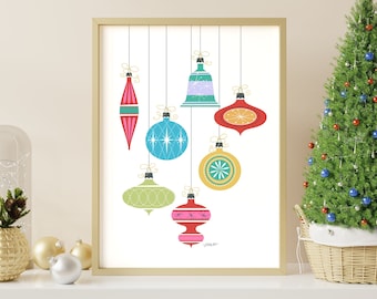Mid Century Modern Christmas Print, Retro Christmas Wall Art, 50s Christmas Ornaments, Printable Wall Art, Digital Download