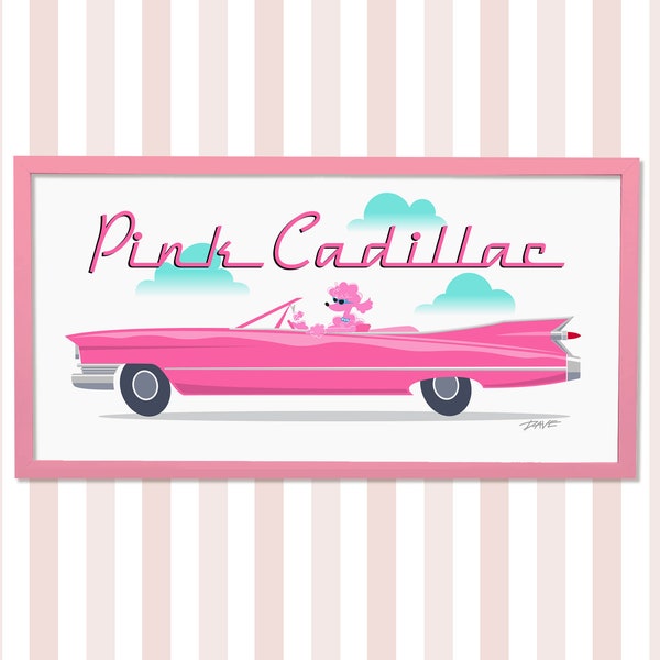 Pink Cadillac Wall Art, 50s Pink Poodle, Mid Century Modern Art Print, 50s Kitsch, MCM Decor, Printable Wall Art, Digital Download