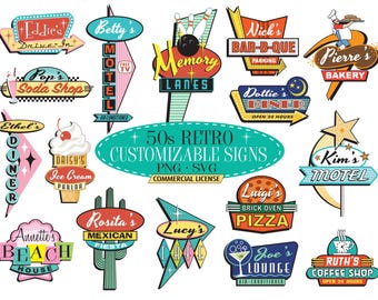 Retro Custom Signs, Retro Signs Bundle, Mid-Century Clipart, Printable Editable Signs, Customized Atomic Abstract Shapes, Instant Download