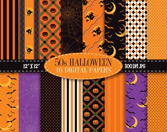 Retro Halloween Digitales Papier, Halloween Scrapbooking und Kunsthandwerk, Hexen, Fledermäuse, schwarze Katzen, druckbare Hintergründe, digitaler Download