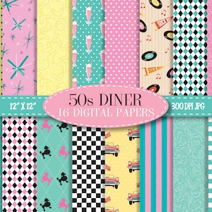50s Diner Digitales Papier, Scrapbooking und Bastelbedarf, 45 Schallplatten, MCM Boomerang Designs, Retro Diner Hintergründe, digitaler Download