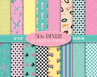 50s Diner Digitales Papier, Scrapbooking und Bastelbedarf, 45 Schallplatten, MCM Boomerang Designs, Retro Diner Hintergründe, digitaler Download