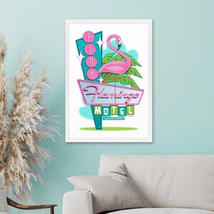 Puede incluir: Una ilustraci&oacute;n de estilo retro de un cartel de motel con un flamenco rosa y las palabras "Pink Flamingo Motel" y "Air Conditioned".