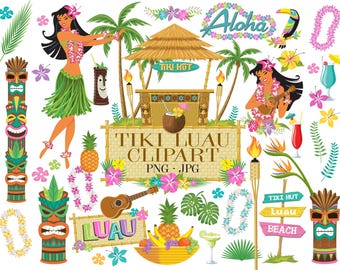 Tiki Luau Clipart, Hawaiian Scrapbooking Kit, Hula Girls, Tiki Bar, Tropische Blumen, Tiki Cocktails, hawaiianische Grafiken, digitaler Download