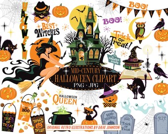Original Retro Halloween Clipart, 85 Spooky Elements, Mid-Century Halloween Scrapbook Journal Assets, Invitation Graphics, Digital Download