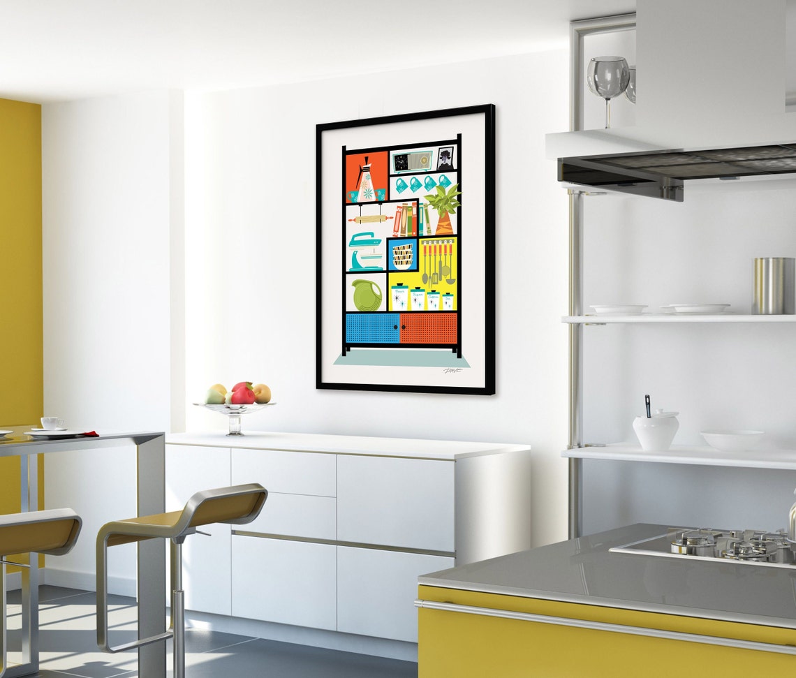 Targa In Metallo Vintage "Mid Century Modern Kitchen Art" – Decorazione Da Parete Stile Retrò Per Cucina, Soggiorno O Bar! Design Atomico Scandinavo, Cm 15,2x20,3