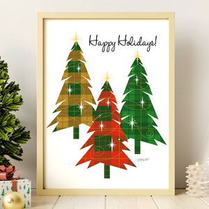 Happy Holidays Art Print, 50s Christmas, Mid Century Modern Wall Art, 50s Christmas Trees, Printable Wall Art, Digital Download