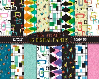 Atomic Digital Paper, Scrapbooking und Bastelbedarf, Raketen, Space Age, Mid Century Modern Hintergründe, digitaler Download