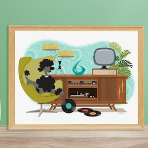 50s Poodle Art | Mid Century Modern | Vinyl Records | Atomic Lamp | MCM Console Stereo | Music Art | Printable Wall Art | Digital Download
