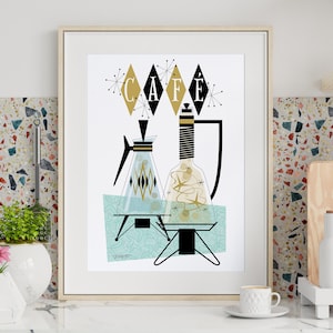 Arte de parede de cozinha dos anos 50 | Moderno de meados do século | Decoração MCM | Jarras de café atômicas | Cafeteiras dos anos 50 | Arte de parede para impressão | Download Digital