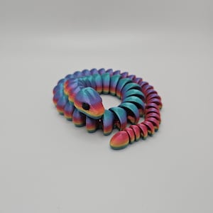 May include: A colorful, articulated snake toy in shades of blue, purple, pink, and yellow. The toy is made of connected segments, allowing it to bend and move. The snake is coiled on a white surface.