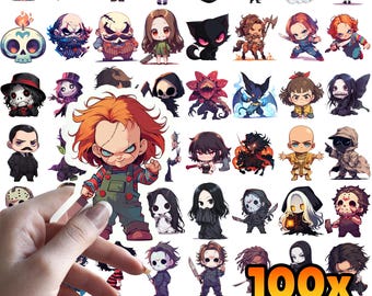 Puede incluir: Un conjunto de 100 pegatinas de temática de terror con varios personajes, incluyendo un payaso, un vampiro, un fantasma y un zombi. Las pegatinas están impresas en vinilo transparente y son perfectas para decorar portátiles, botellas de agua y otras superficies. El texto "100x XXL Horror Pack #1" está impreso en la parte inferior de la imagen.