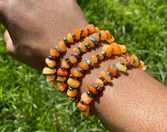 レインボーヘマタイト＆オレンジクォーツァイトのビーズブレスレット