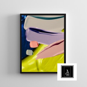 May include: Abstract art print featuring colorful paint strokes in shades of blue, white, purple, pink, and yellow. The artwork is framed in a black frame and includes the text "Art Pryntable" in the bottom right corner.