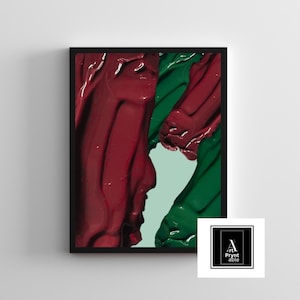 May include: Abstract art print featuring a black frame. The artwork displays thick strokes of red and green paint, with a light blue background. The paint strokes create the illusion of two faces. The lower right corner has a white square with the text "Pryntable".
