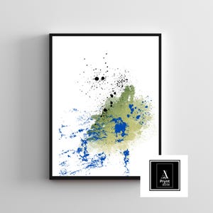 May include: Abstract art print in a black frame. The artwork features a white background with splashes of blue, green, and black paint. The lower right corner has a small logo with the text "Pryntable".