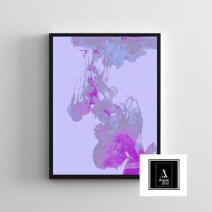 May include: Abstract art print in a black frame. The artwork features a blend of purple and blue ink swirling against a light purple background. The image has a modern, artistic aesthetic. The lower right corner has a logo that says "Art Prynt able".
