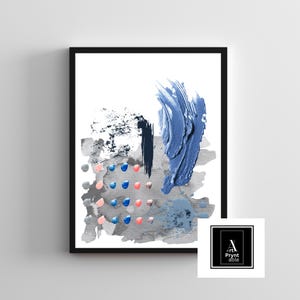 May include: Abstract art print in a black frame. The artwork features a mix of blue, gray, and pink brushstrokes on a white background. The design includes textured paint applications and a modern aesthetic.