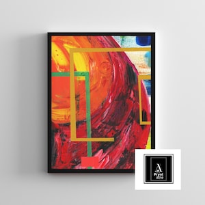 May include: Abstract art print in a black frame. The artwork features bold brushstrokes in shades of red, orange, and yellow, with accents of green and gold geometric shapes. The print includes the text "Pryntable" in a white square.