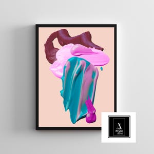 May include: Abstract art print featuring bold brushstrokes in shades of teal, pink, and burgundy against a soft peach background. The artwork is framed in a black border and includes the text "Art Pryntable" in the lower right corner.