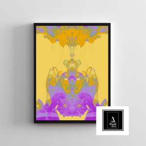 May include: Abstract art print in a black frame. The artwork features a symmetrical design with yellow, purple, and orange hues against a yellow background. The print has a modern aesthetic, suitable for home decor. The logo "Pryntable" is in the bottom right corner.