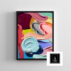 May include: Abstract art print featuring thick brushstrokes of various colors, including deep red, yellow, light blue, and pink. The artwork is framed in a black border and includes the text "Art Prynt able" in the bottom right corner.