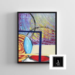 May include: Abstract art print in a black frame. The artwork features a blue, teardrop-shaped form, a red shape, and a yellow spiral against a background of purple, yellow, and white brushstrokes. A dark blue square frames the blue shape.