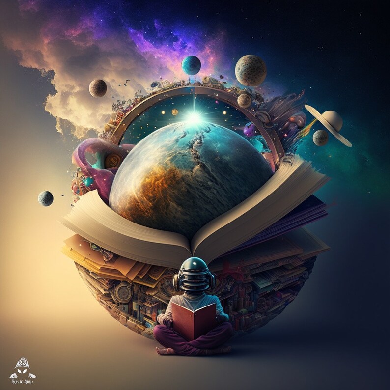K&ouml;nnte beinhalten: Ein Kind mit Helm sitzt vor einem aufgeschlagenen Buch. Das Buch ist gef&uuml;llt mit Planeten, Sternen und Galaxien. Das Kind liest ein Buch.