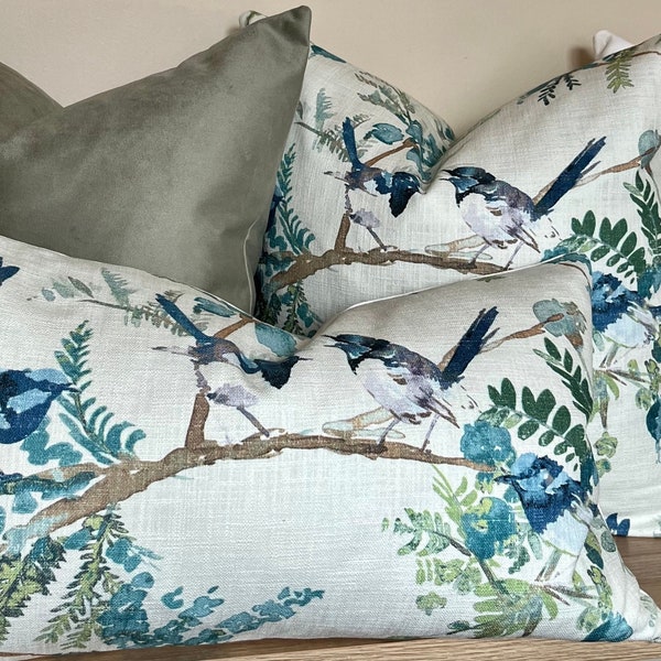Handmade pillow cover spring decor blue birds and blue flowers