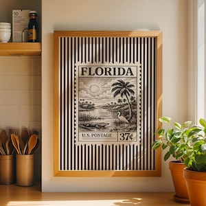 Impression de timbres-poste vintage de Floride : affiche de voyage rétro, décoration d'intérieur côtière, maison de plage tropicale, illustration imprimable de héron alligator
