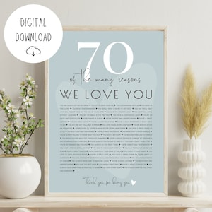 70 Reasons We Love You Poster - Personalized 70th Birthday Gift for Her - 70 Things We Love About You - Custom Printable Digital Download