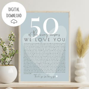 May include: A printable digital download with a blue background and white text. The text reads "50 of the many reasons we love you" and includes a list of reasons. The text "Thank you for being you" is at the bottom of the page.