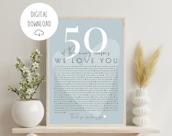 Pôster "50 Razões pelas quais te amamos": presente personalizado de aniversário de 50 anos para ela/ele, coisas que amamos em você, download digital para impressão personalizado