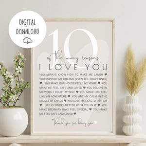 Anpassad 10-årsjubileumspresent: Anledningar till att jag älskar dig | Personlig poster för make, fru eller föräldrar | Unika saker vi älskar med dig