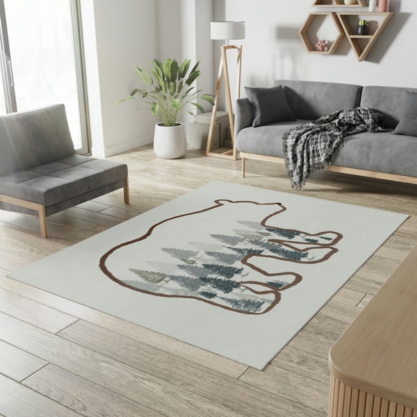 Rustic Bear Silhouette Indoor/Outdoor Area Rug with Forest Landscape - Nature-Inspired Home Decor