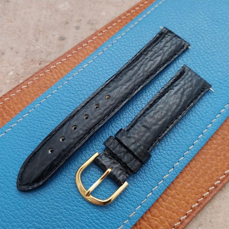 18mm Kreisler Black Shark NOS Vintage Watch Band & Gold-Tone Buckle image 1