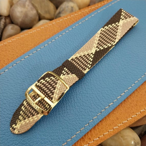 18mm Braided Perlon Brown Argyle Classic 1960s Single Pass Vintage Watch Strap