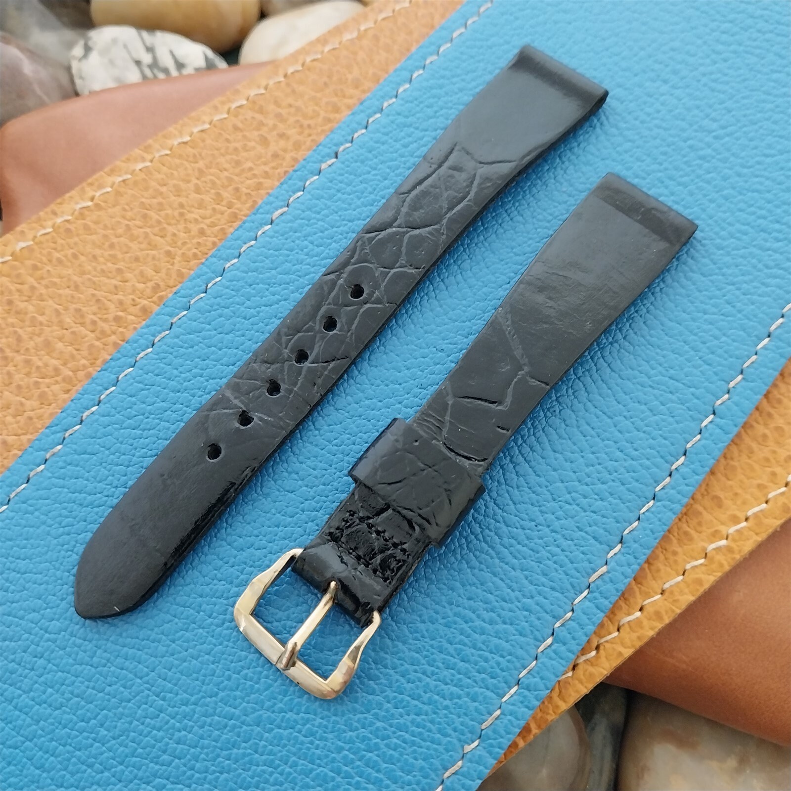 Black Crocodile Leather Belt with Silver Buckle Vintage Bulova 16mm Embossed Leather Belt main image 2