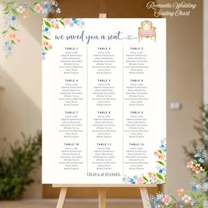 May include: A wedding seating chart on a white easel. The chart features a floral design with the text "we saved you a seat" and a list of names organized by table number. The top right corner has the text "Romantic Wedding Seating Chart".
