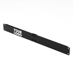 May include: A black rack mount blank panel with the text "YOUR LOGO" in white. The panel has four screws and two mounting holes on each end. This panel is designed to fill a 1U space in a standard 19-inch rack.