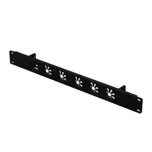 May include: A black rack-mount fan panel with six circular fan openings. Each opening contains a fan with a stylized, six-blade design. The panel has mounting brackets on each end and is designed for server or network equipment.