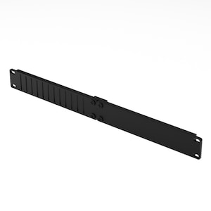 May include: Black metal rack with a series of slots for organizing cables. The rack is designed to be mounted in a server rack.